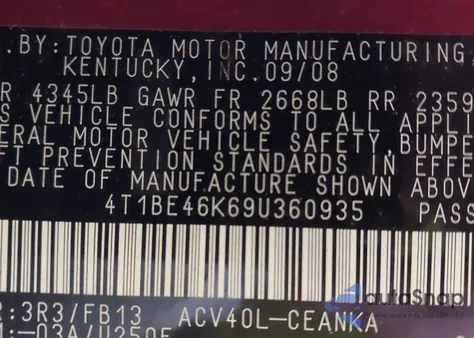 2009 Toyota Camry Le z USA, uszkodzony, nr VIN 4T1BE46K69U360935